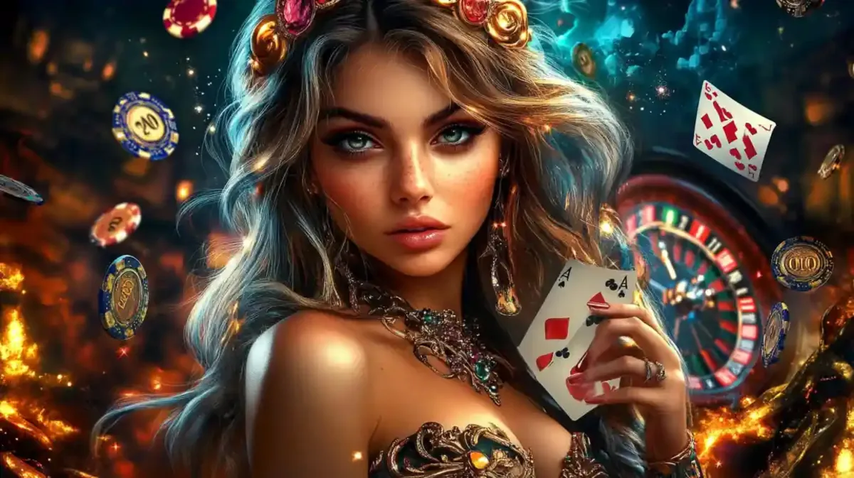 Elegant woman with playing cards and casino chips in luxurious gambling atmosphere